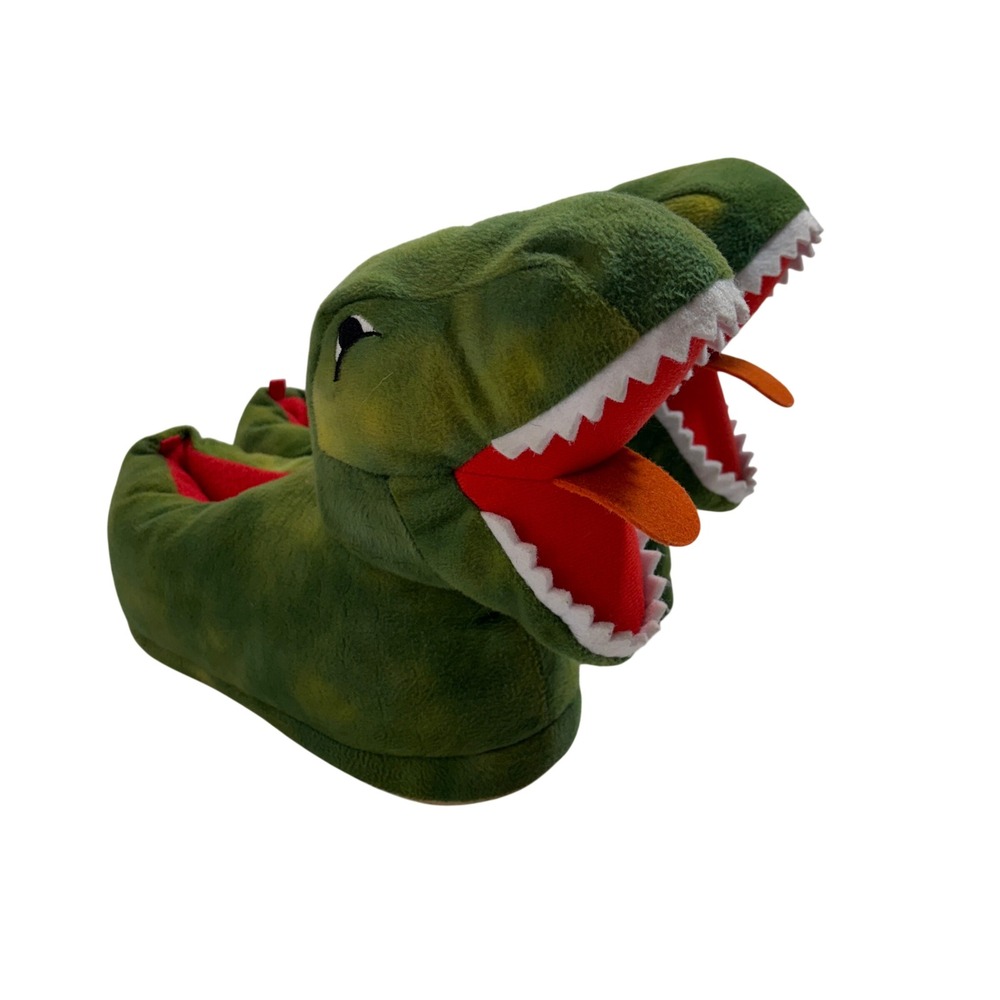 Old Navy‎ Kids Green Dinosaur T-Rex Plush Slippers XXL (5-6) Non-Slip Soles